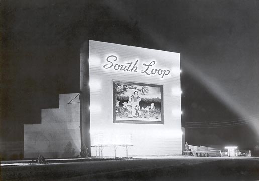 Famous South Loop Drive-In tower with the Snow White and the seven dwarfs mural.