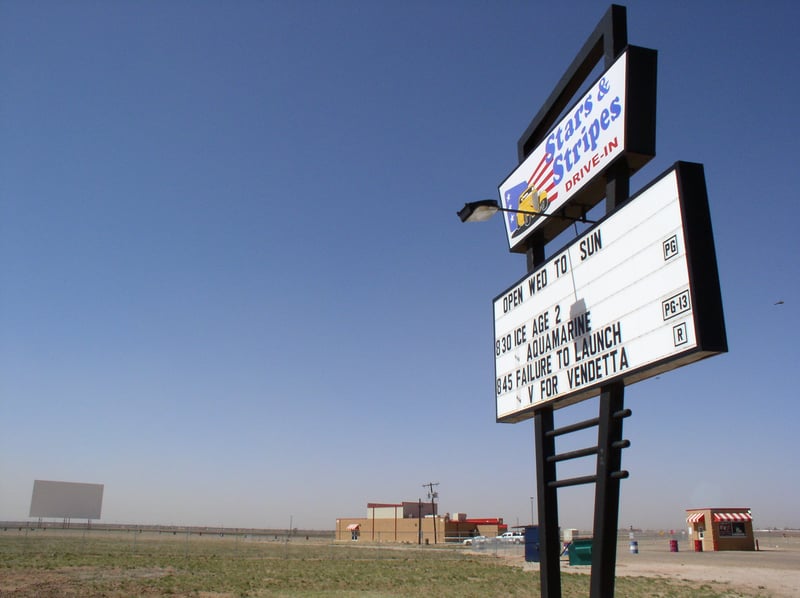 The Marquee, Box Office, Concessions Stand/Projection Room, and The Red Ticket Screen In the Far Background.