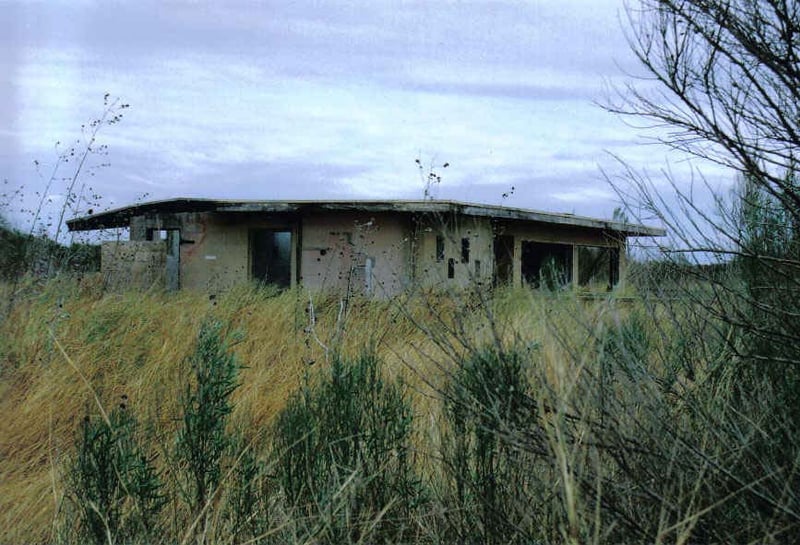 Tarpon Drive-In, Aransas Pass, Texas.
Concession and Projection building.
Building has been burned out.  Movie screen is long gone.