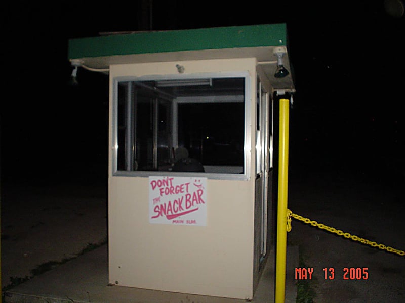 ticket booth at night. The flash on my digital camera really does a good job of lighting things up in pitch black darkness.