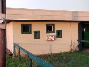 Projection booth at Tower Drive In Theater in Rule Texas