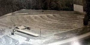 From Boxoffice mag; Aerial photo shows McClains Twin Ranch Drive-in, when first half of rain ramp was installed. The 35-car airer in Cleveland TX oocupies 14 acres.
