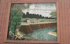 Screen tower with mural of Fort Bend on the Brazos from the book Ticket to Paradise by John Margolies & Emily Gwathmey.