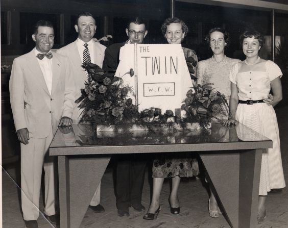 The grand opening party for the Twin Drive Inn Theatre.LtoR Johnny Fagan, Charlie Weisenberg, Harold Wilson, Joy Wilson, Mrs. Weisenberg Dell Fagan