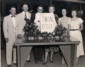The grand opening party for the Twin Drive Inn Theatre.LtoR  Johnny Fagan, Charlie Weisenberg, Harold Wilson, Joy Wilson, Mrs. Weisenberg  Dell Fagan