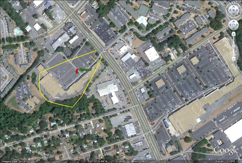 Google Earth Image of with former site outlined-located at 7801 W Broad St.