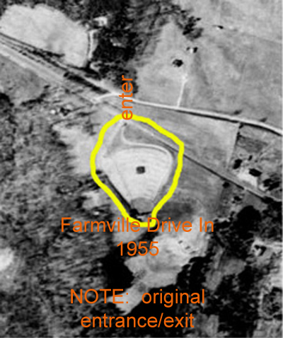1955 aerial photo of the Farmville Drive in. Photos shows original enterance and exit road. By 1980 the highway department had changed the entrance toward the North by maybe feet. Compare to 1980 aerial photo.