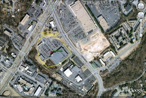 Google Earth Image with outline of former site-now a Kroger store located down in a valley