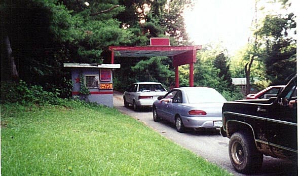 Box office with cars lined up about an hour before showtime; taken in June, 1998