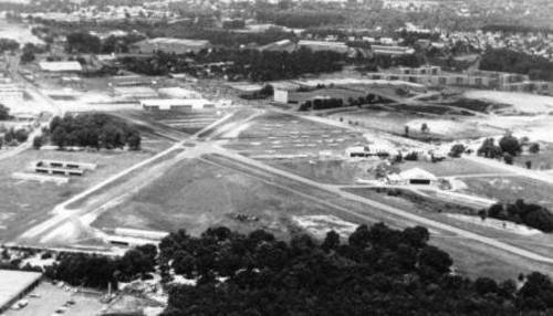 Aerial photo of old Washington-Virginia Airport (now Skyline Towers) in Baileys Crossroads, VA. Note the screen tower directly in the path of runway 17 (not a great idea)