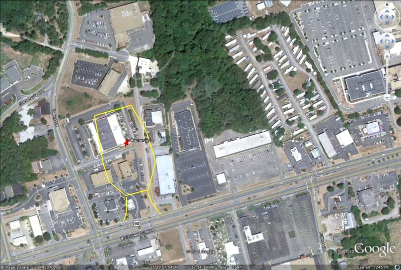 Google Earth Image with outline of former site-multiple businesses on site now