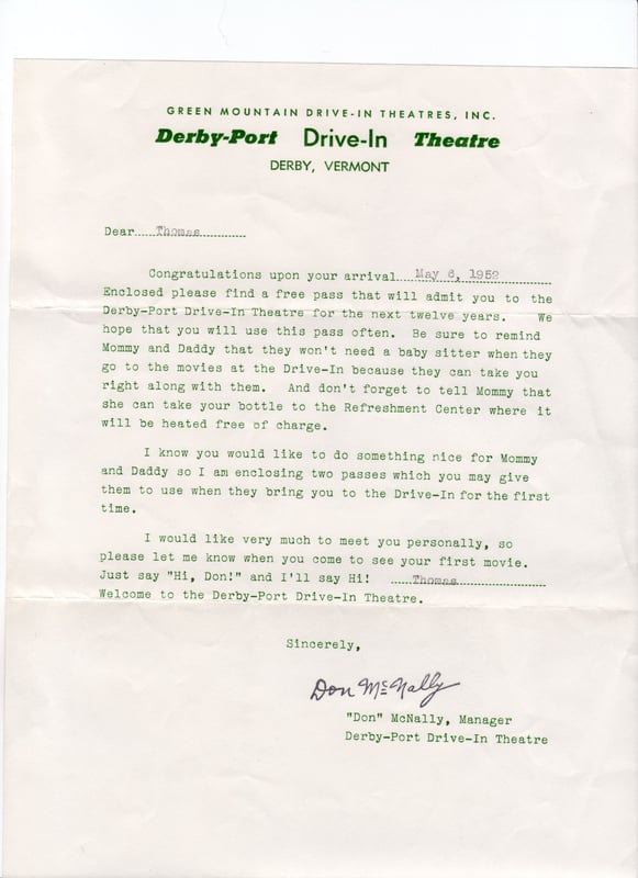 a letter McNally sent to my parents back in 1952 - we actually lived right next door to the drive-in