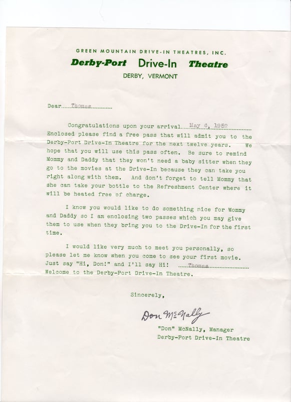 a letter McNally sent to my parents back in 1952 - we actually lived right next door to the drive-in