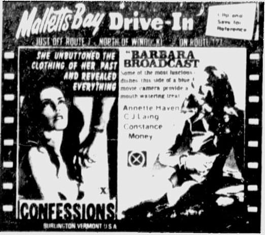 1978 ad from the Montreal Gazette. Adult drive-in are banned in Quebec, this was the closest place.