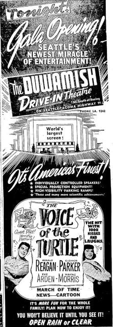 Grand opening ad for Duwamish Drive-In. From a Seattle newspaper