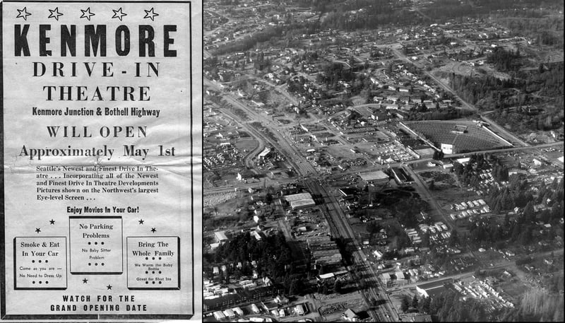 1972 Aerial and news clip of Kenmore Drive In