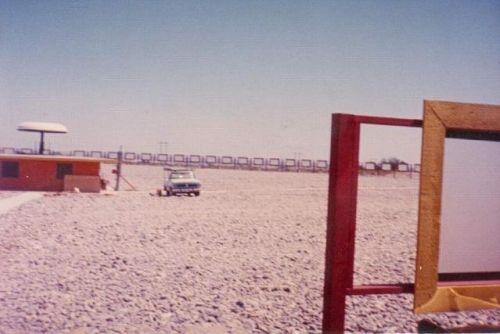 Construction of Tri-Circle Drive-In Screens, Concession stand, and top of dome Projection towerdome under construction.