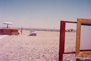 Construction of Tri-Circle Drive-In Screens, Concession stand, and top of dome Projection towerdome under construction.