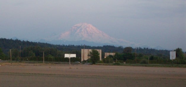 Telephoto image of Mt. Rainier behind Valley Drive-in.