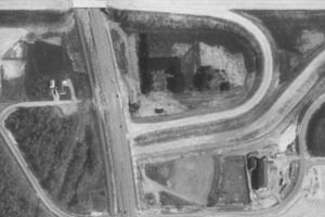 South of town along Hwy 13, see the remains of the old lot at the bottom, center of this pic...below the interchange ramps for Bypass 29