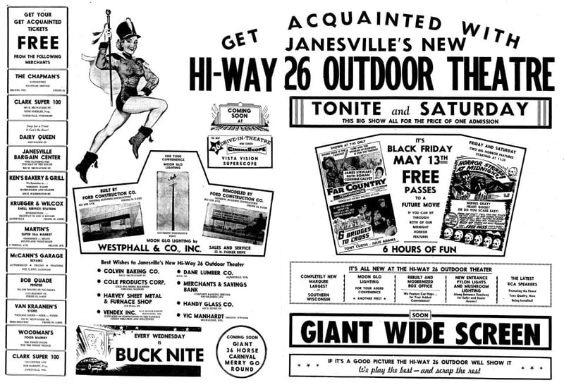 Highway 26 Outdoor in Janesville, WI double-page grand opening ad in the local newspaper dated May 15, 1955.