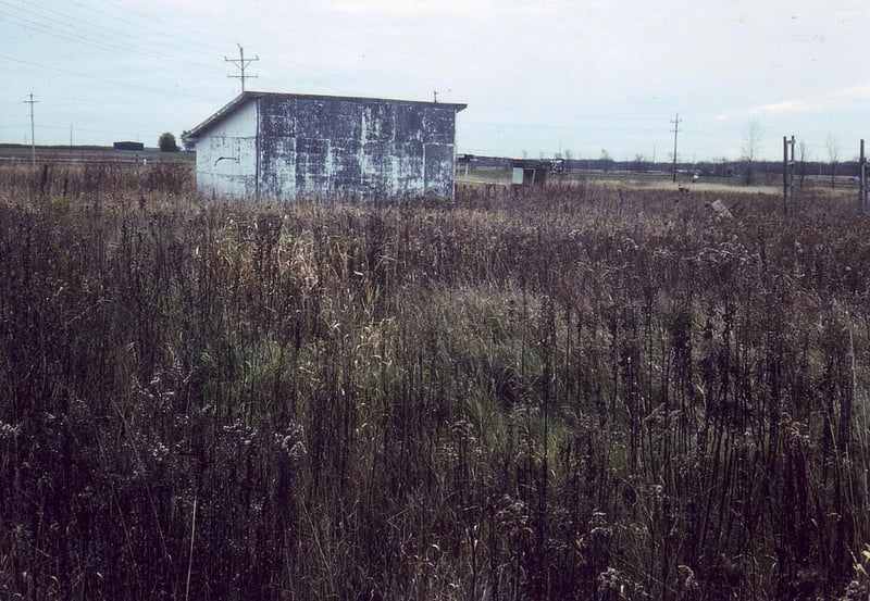 The screen once stood in front of the building`s wall. The purpose of this building is unknown. Ticket booth at right in background