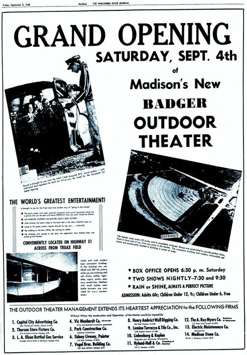 Grand opening ad for the Badger Drive-in Theater, Madison, WI dated Sept. 3, 1948.