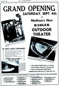 Grand opening ad for the Badger Drive-in Theater, Madison, WI dated Sept. 3, 1948.