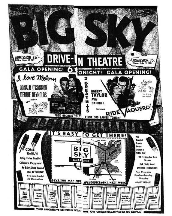 Big Sky Drive-in in Middleton, WI grand opening ad dated May 26, 1954.
