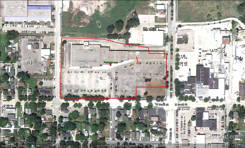 Google Earth image with outline of former site at NW corner of Scott and Main