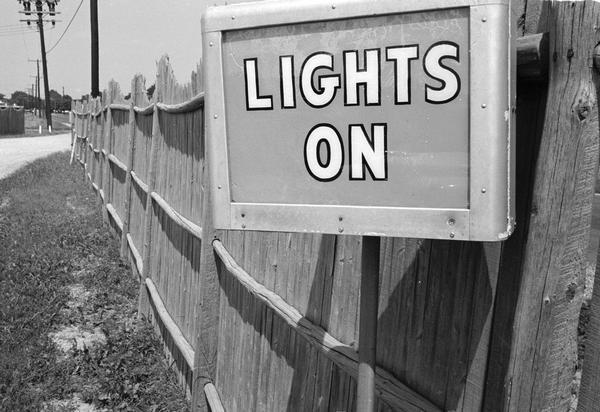 Starlite Drive-in Theater sign. Lights On sign at the Starlite, a drive-in movie theatre.