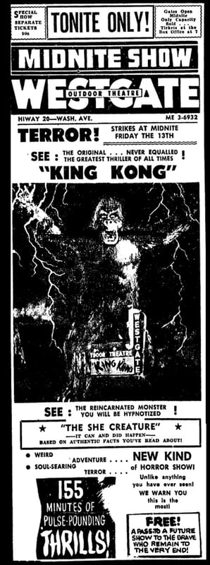 King Kong plays the Westgate Outdoor Theater in Racine, WI. Ad dated June 13, 1958