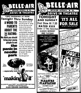 Newspaper Ads for the Belle-Air Drive-in dated 10-8-71 and 10-31-71