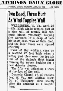 The stone foundation collapsed due to high winds during the construction of the Blue Moon Drive-in, killing two workers and injuring two more.
