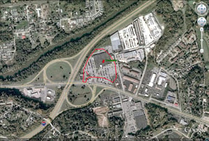 aerial view with former site outlined