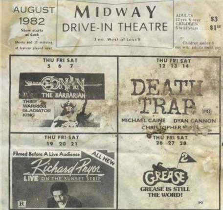 Flyer found in May 2001 on the grounds of the long ago demolished Midway Drive-in in Lovell, WY.