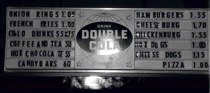 Snack bar fare/prices available at the time of theatre's closure in 1987.