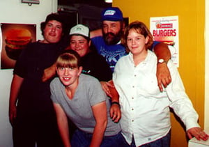the happy gang, Kathy, Mike, Amanda, and Shelly; employees at the drive-in; taken in June, 2000