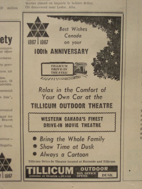 Tillicum Outdoor Theatre newspaper ad. Victoria Daily Times Centennial EditionThursday June 29,1967.