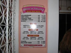 Snack bar menu. All prices are in flourins.