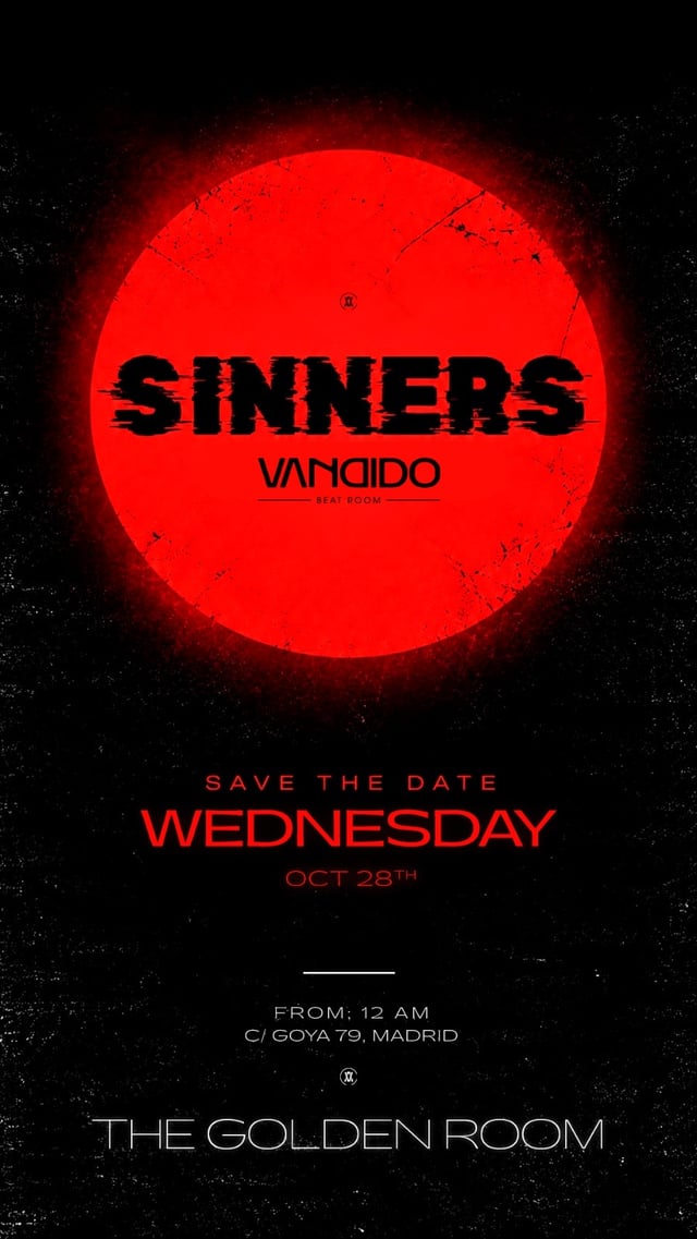 Cartel de Sinners Golden Room en Vandido Club
