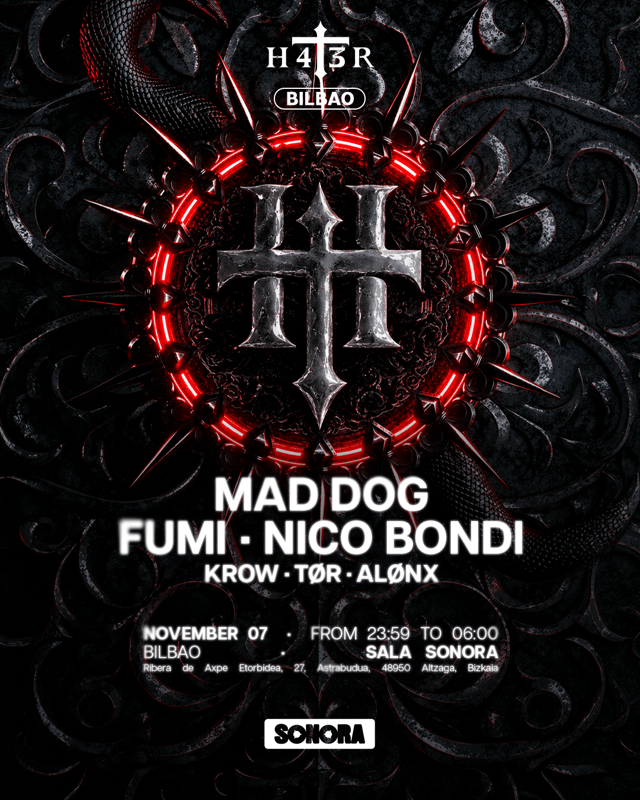 Cartel de 𝐇𝟒𝐓𝟑𝐑 𝐰/ 𝐌𝐀𝐃 𝐃𝐎𝐆 & 𝐅𝐔𝐌𝐈 en Sala Sonora