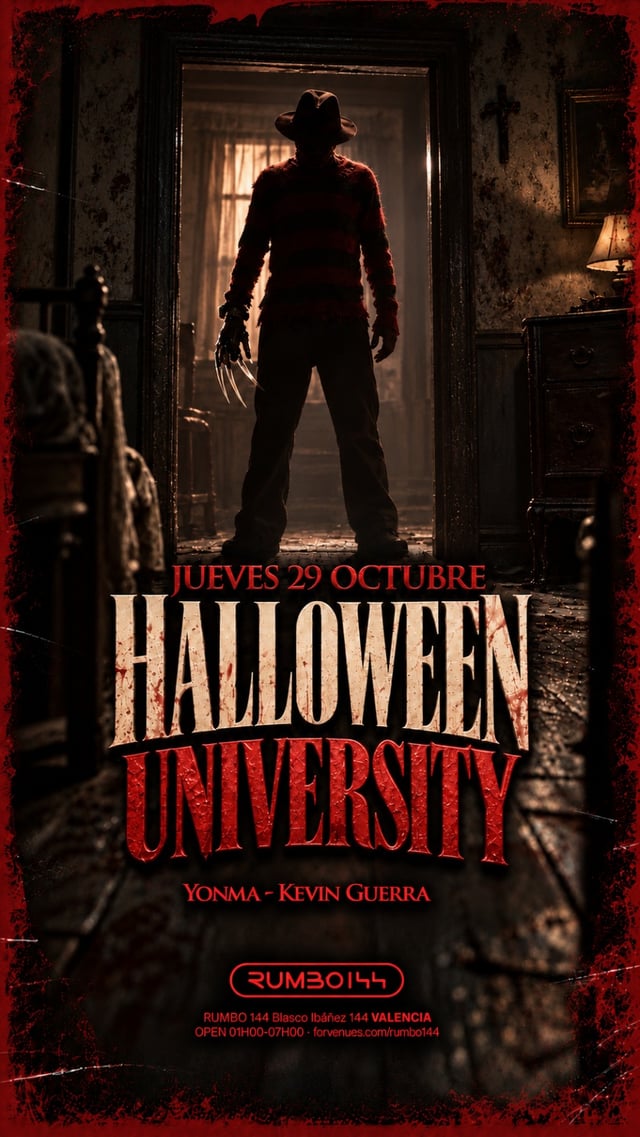 Cartel de Jueves Noche R144 | HALLOWEEN UNIVERSITARIO en Rumbo 144