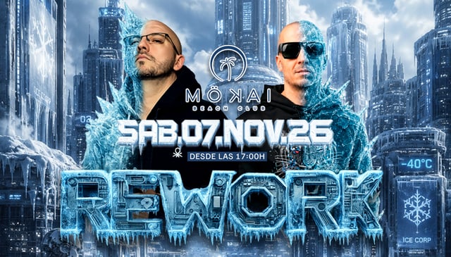 Cartel de REWORK en Mokai Beach Club