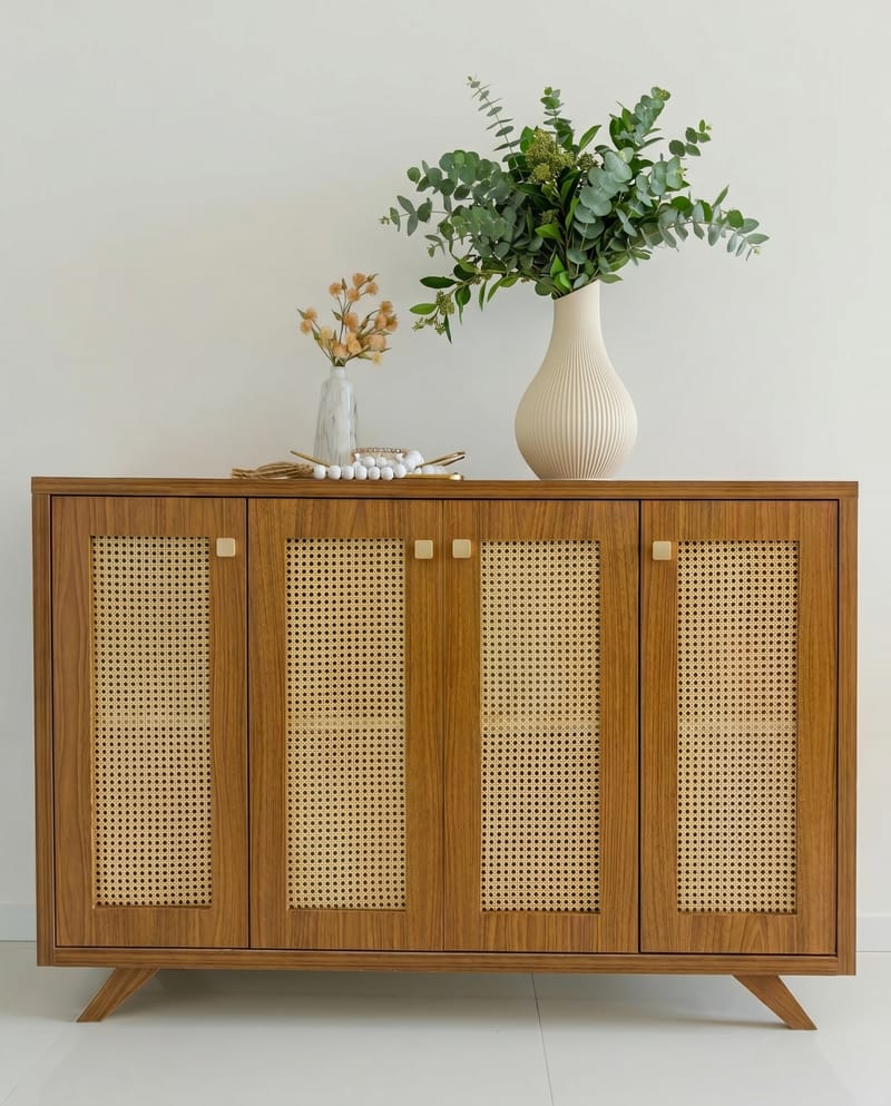 Cane-Sideboard mit Yazu Vase und frischem Eukalyptus