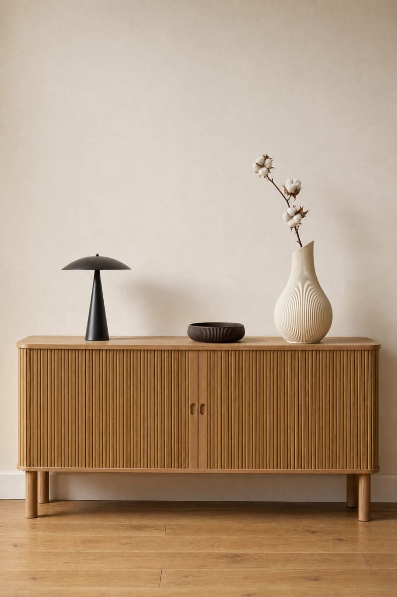 Geriffeltes Eichen-Sideboard mit Vase, Lampe und Schale