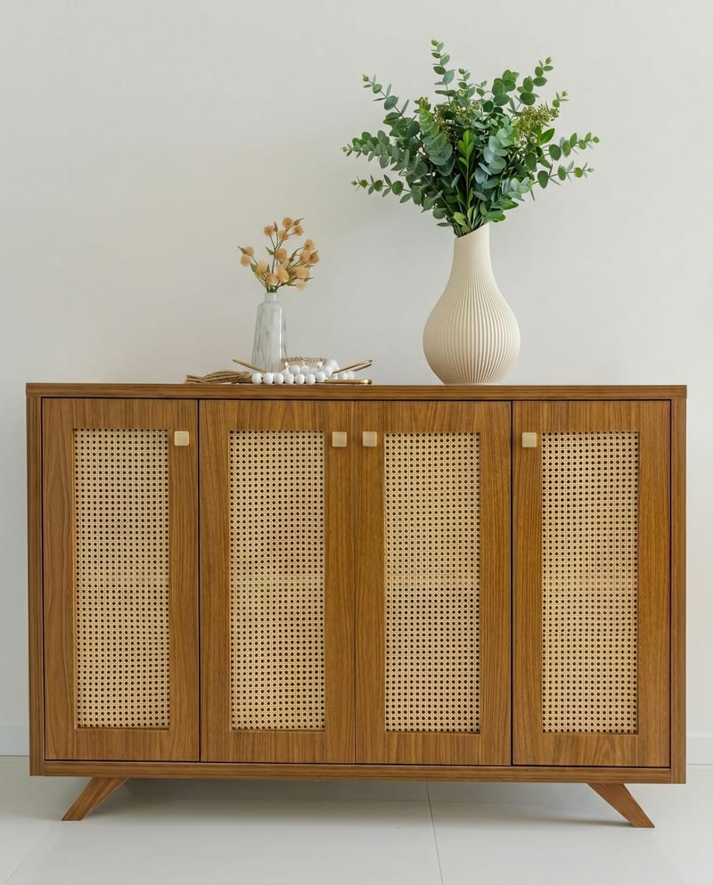 Cane-Sideboard mit Yazu Vase und Grün