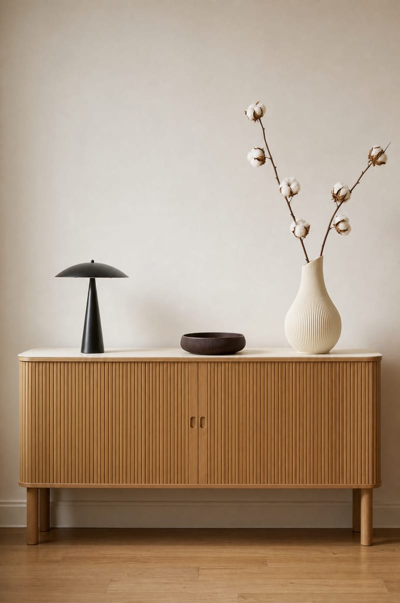 Eichen-Sideboard mit Vase, Lampe und Schale