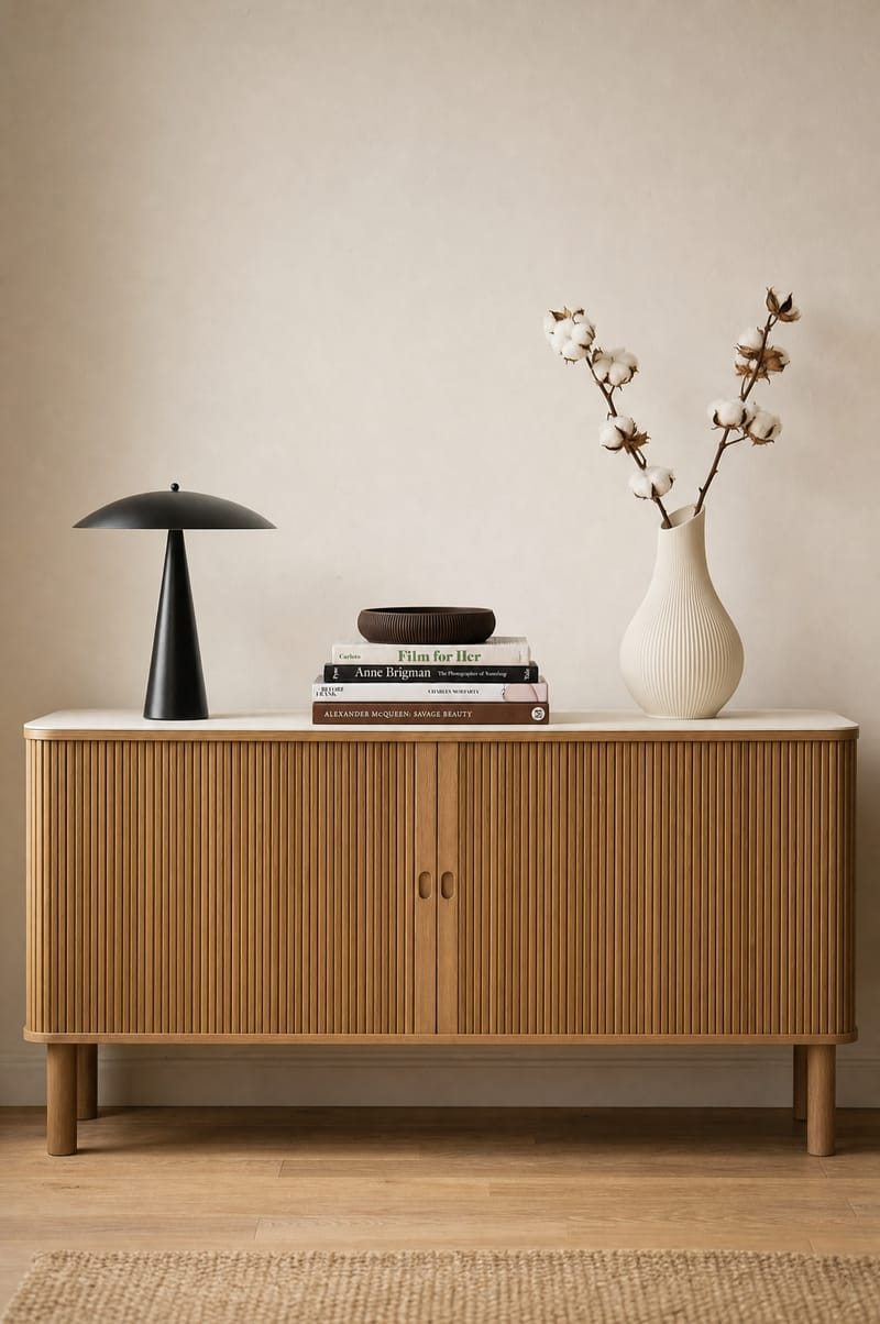 Sideboard-Vignette weit gerahmt mit Vase und Büchern