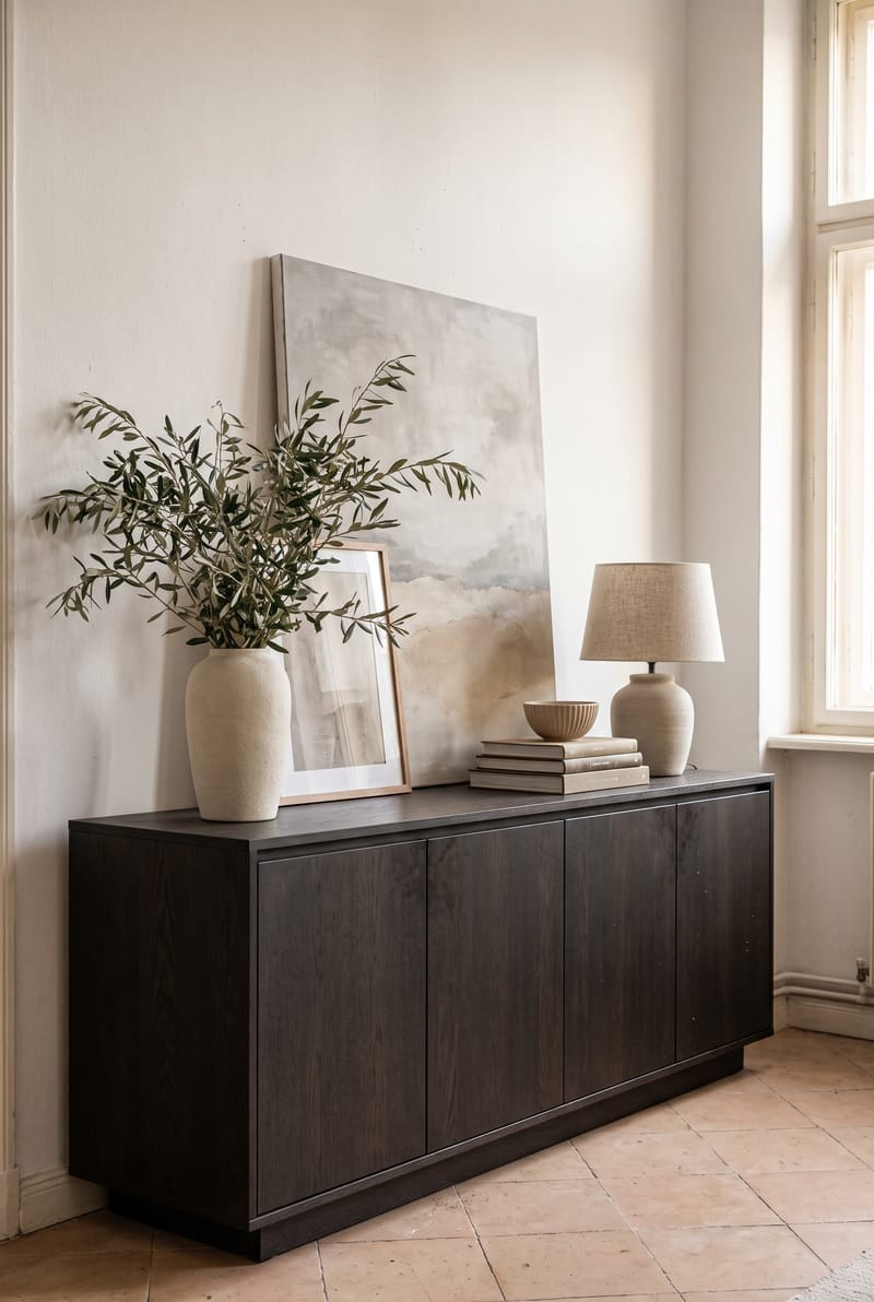 Sideboard Deko Idee im Japandi Stil: cremefarbene Vase mit Olivenzweigen, zwei angelehnte Bilder und Leinenlampe auf dunkler Eiche